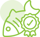 Fish icon with checkmark badge, green outline.